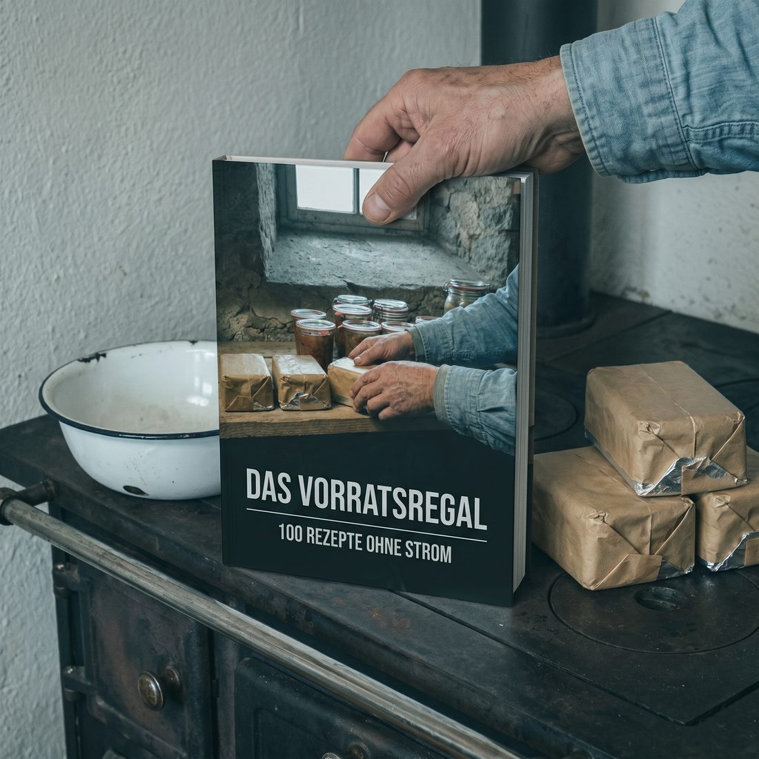 Das gedruckte Buch steht aufgestellt neben dem gusseisernen Herd, daneben gewickelte Rationen