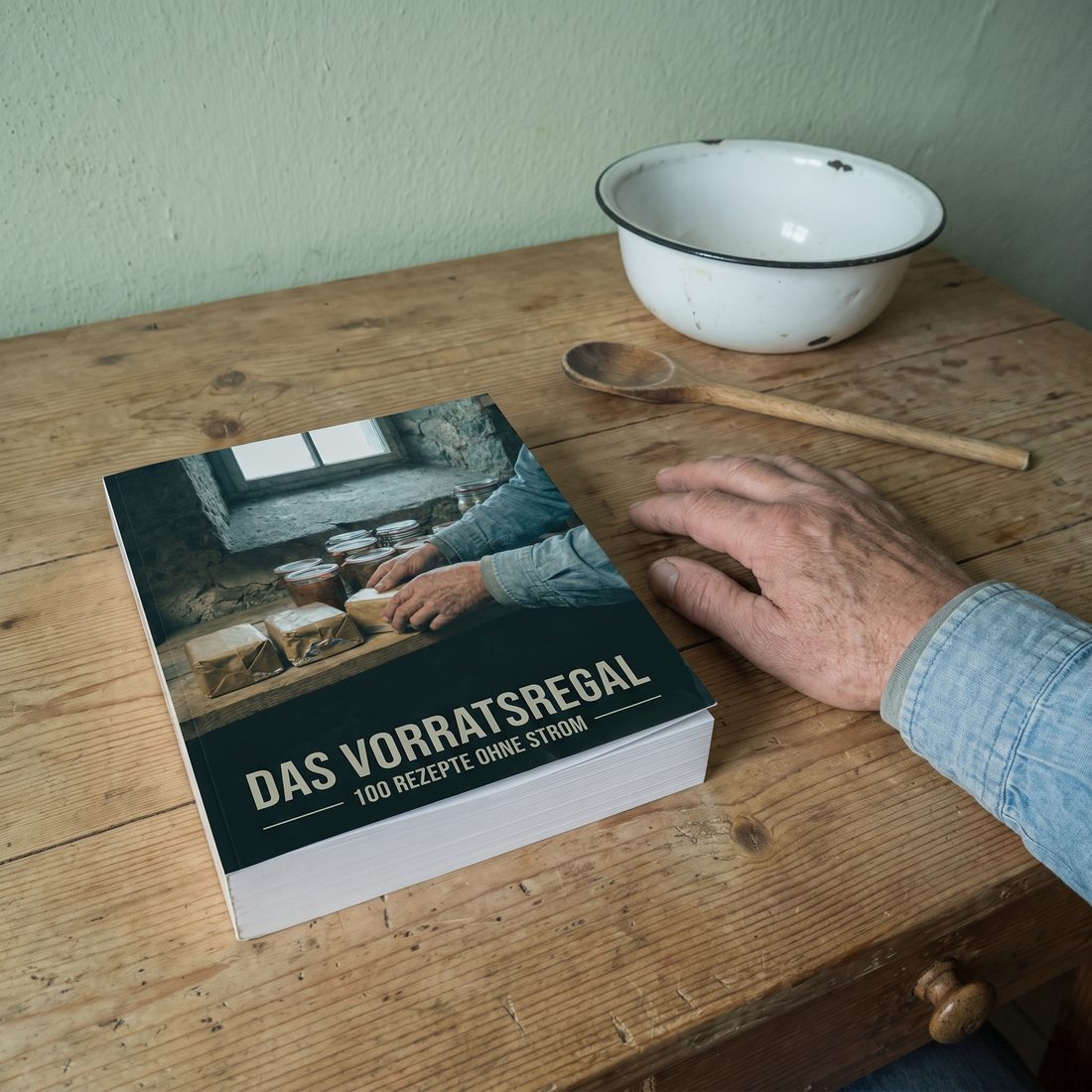 Das ausgedruckte Buch liegt auf dem Küchentisch, daneben eine Emailschüssel