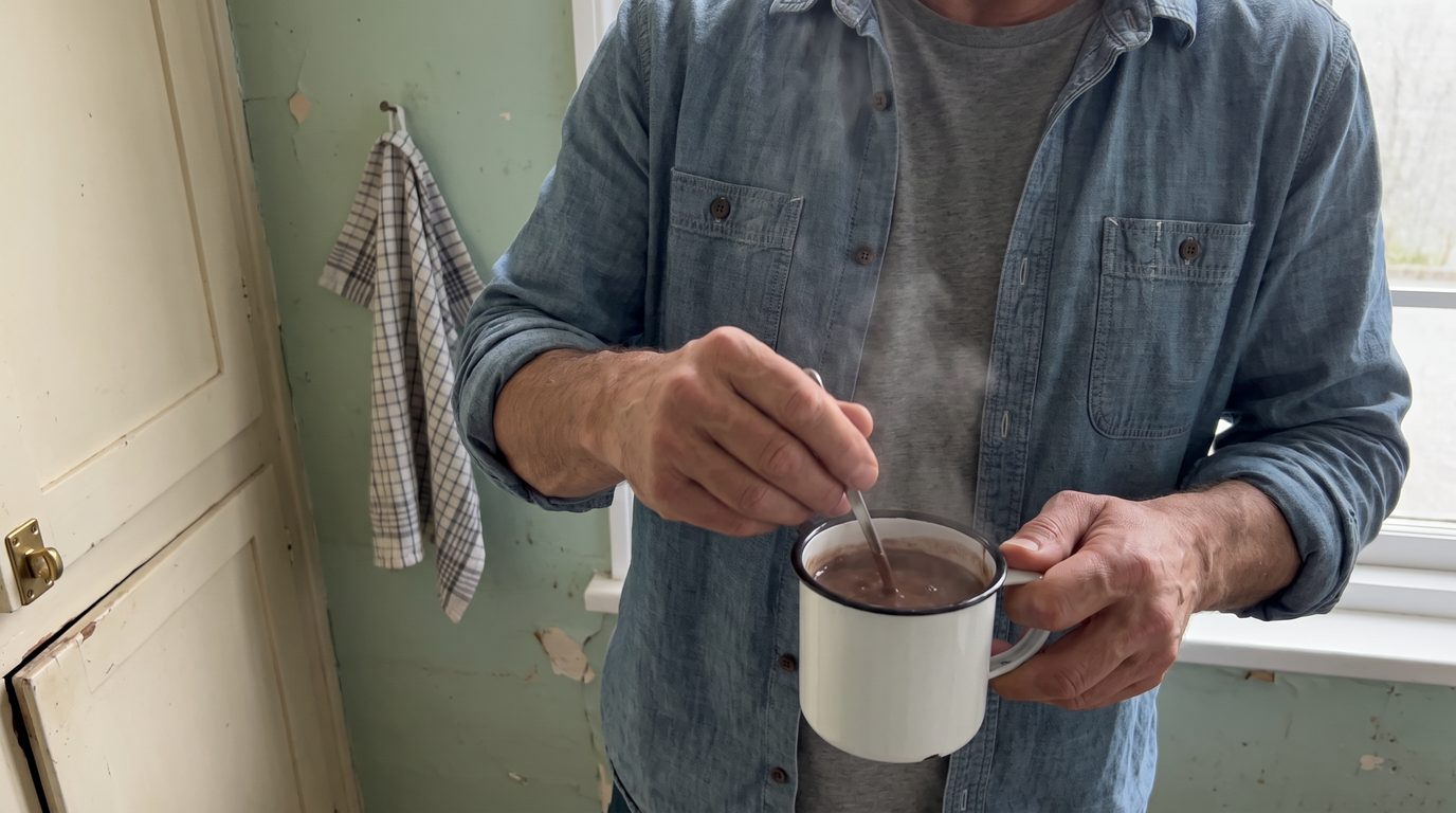 Zwei Hände halten eine dampfende Tasse mit dunklem Mokka
